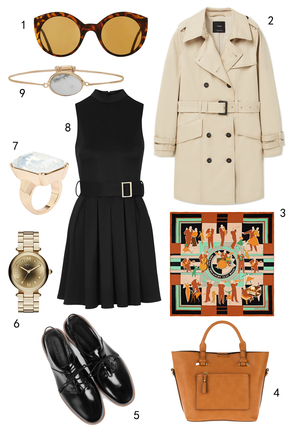 THỨ HAI: 1 mắt kính Topshop, 2 áo khoác Mango, 3 khăn lụa Hermès, 4 túi Accessorize, 5 giày Charles & Keith, 6 đồng hồ Marc Jacobs, 7 nhẫn Aldo, 8 đầm Topshop, 9 vòng tay Aldo