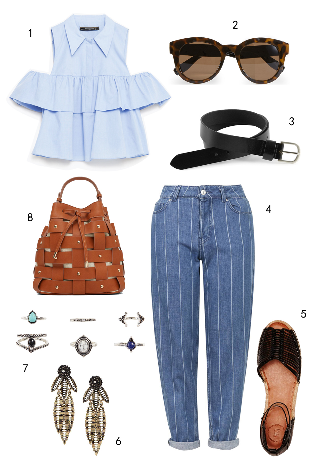 THỨ HAI: DÚN BÈO: 1 áo Zara, 2 mắt kính Marks & Spencer, 3 thắt lưng Marks & Spencer, 4 quần jeans Topshop, 5 sandals FCUK, 6 hoa tai Banana Republic, 7 set nhẫn Aldo, 8 túi Mango