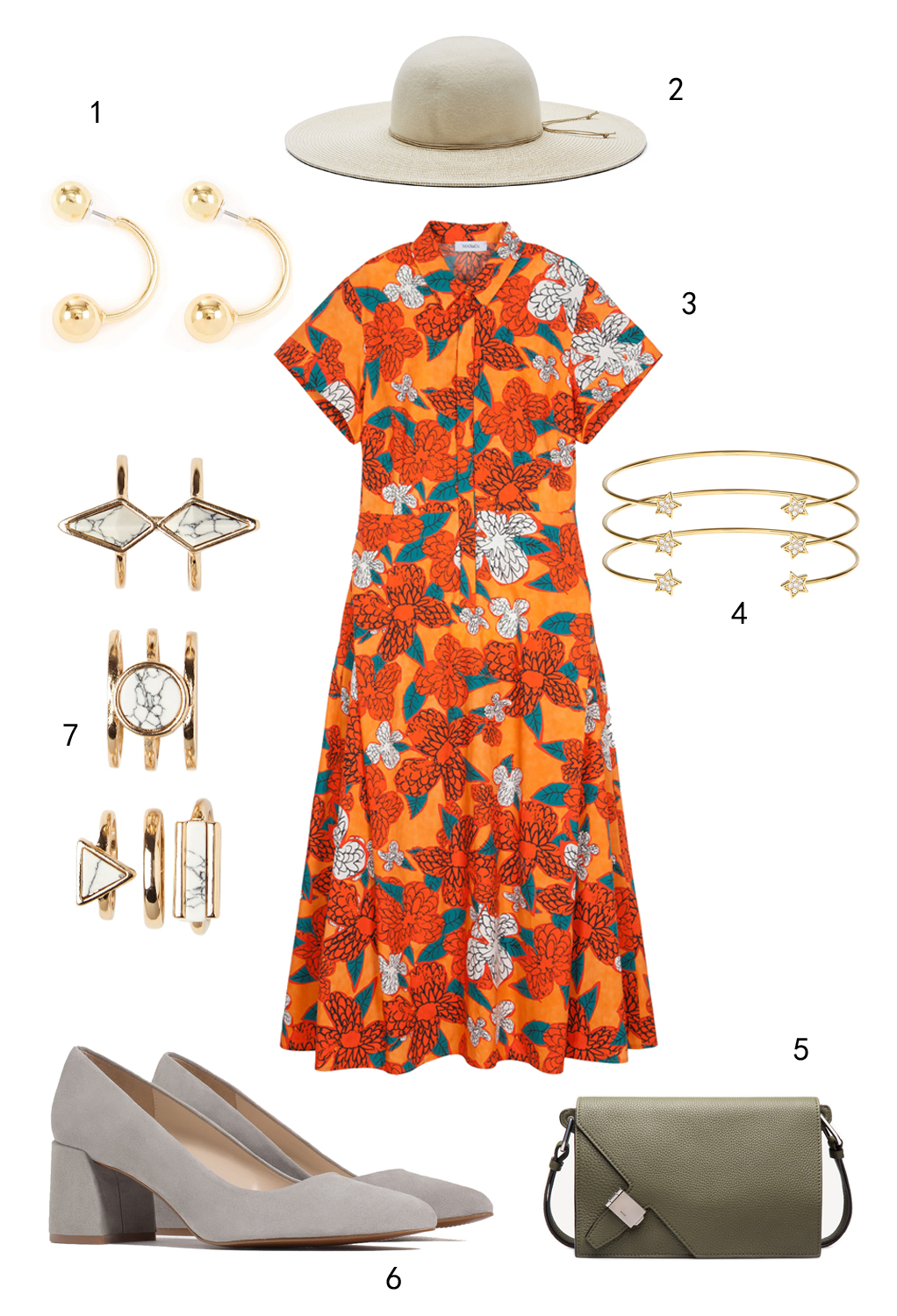 THỨ TƯ: HỌA TIẾT HOA: 1 hoa tai Warehouse, 2 nón Nine West, 3 đầm MAX & Co, 4 set vòng tay Accessorize, 5 túi Bally, 6 giày Zara, 7 set nhẫn Aldo
