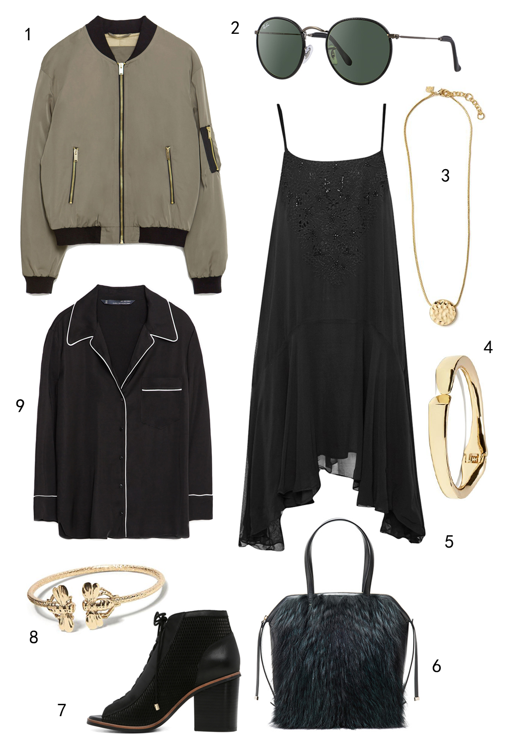 THỨ NĂM: SLIP DRESS/PYJAMAS: 1 áo khoác Zara, 2 mắt kính Rayban, 3 dây chuyền Banana Republic, 4 vòng tay Banana Republic, 5 đầm FCUK, 6 túi Furla, 7 giày Aldo, 8 vòng tay Banana Republic, 9 áo Zara