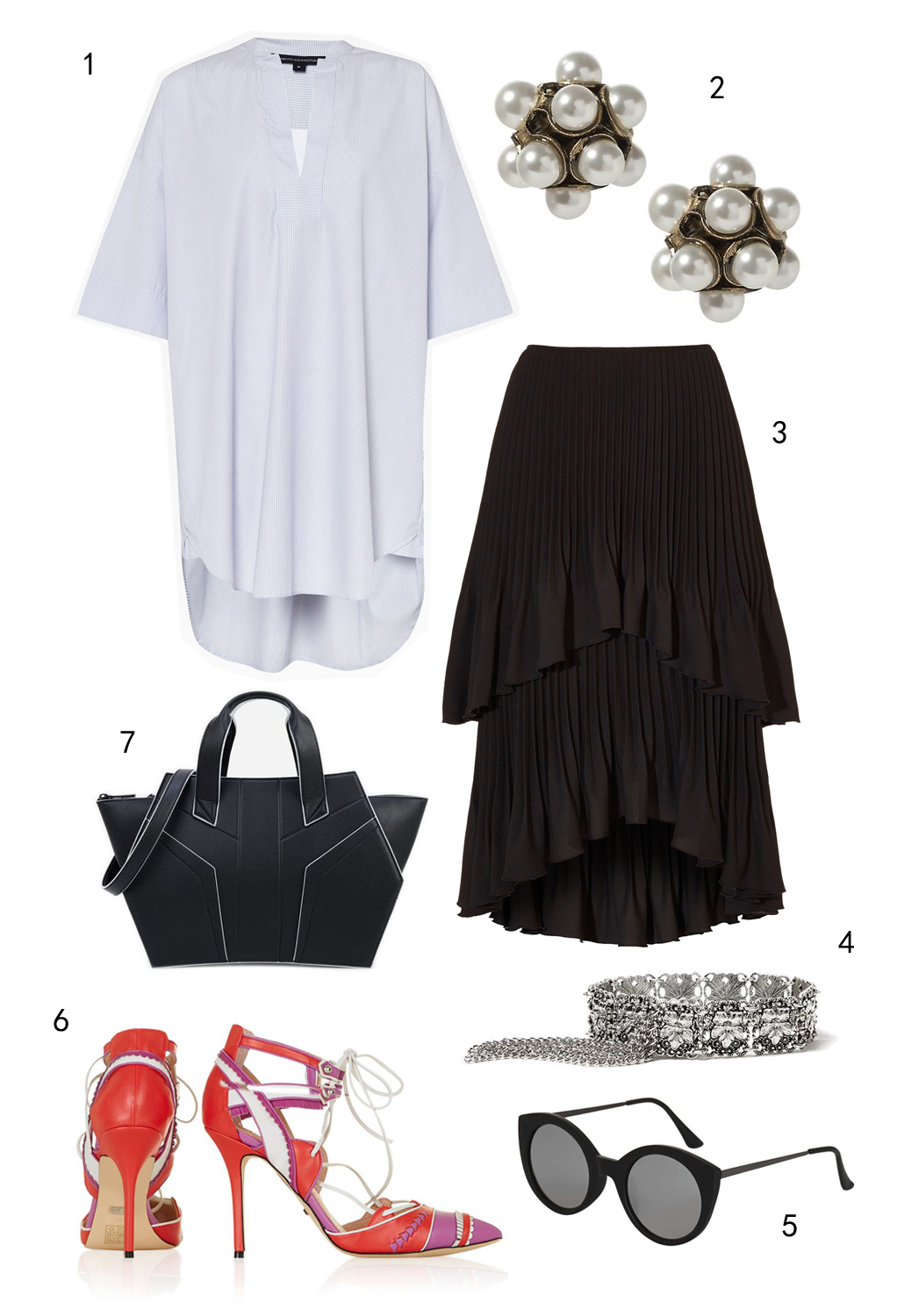 CHỦ NHẬT: PLEATS/XẾP PLI: 1 áo sơ mi oversized FCUK, 2 hoa tai Banana Republic, 3 váy Karen Millen, 4 vòng tay Banana Republic, 5 mắt kính Topshop, 6 giày Topshop, 7 túi Charles & Keith