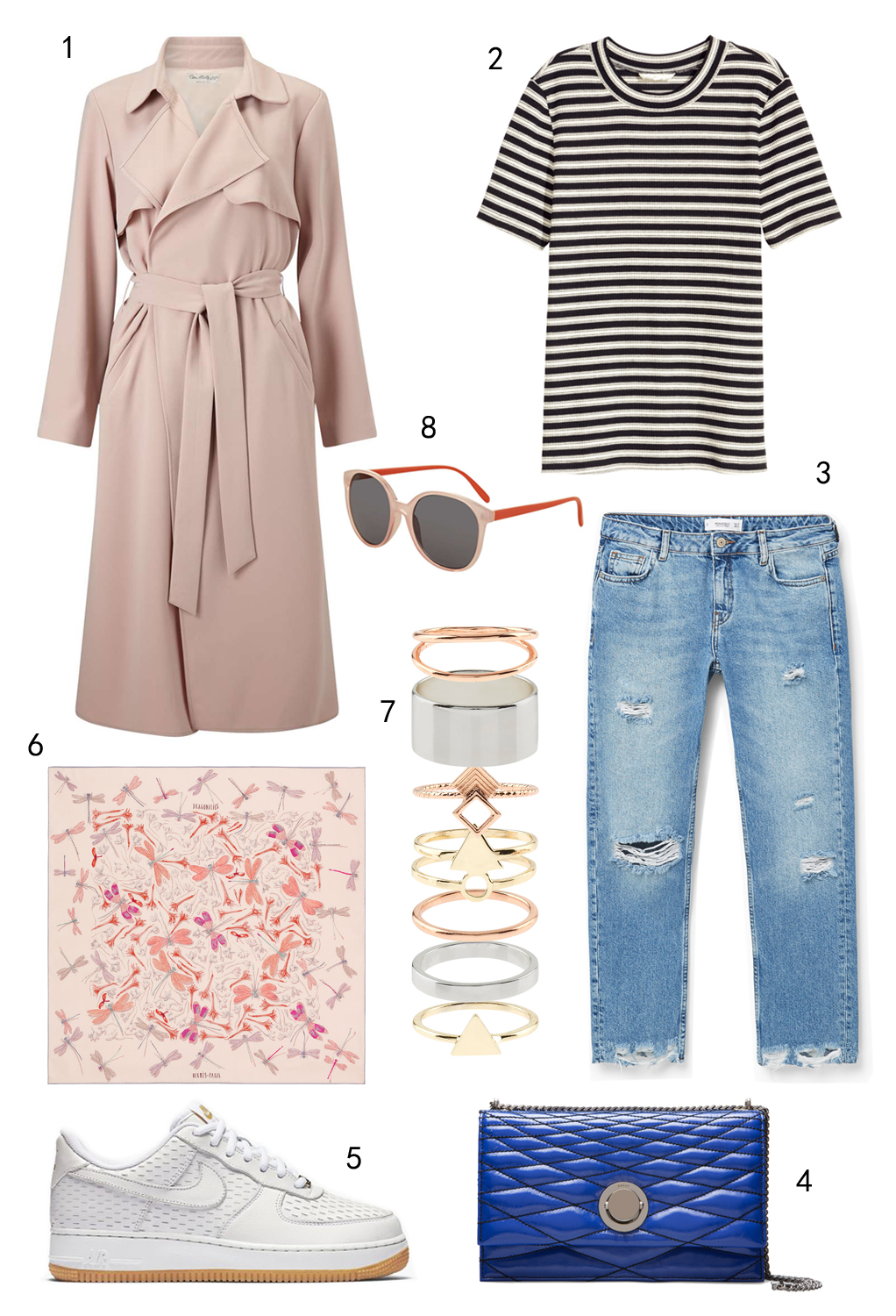 THỨ HAI: 1 áo khoác Miss Selfridge, 2 áo thun H&M, 3 quần jeans Mango, 4 túi Bally, 5 giày Nike, 6 khăn lụa Hermès, 7 set nhẫn Accessorize, 8 mắt kính Topshop