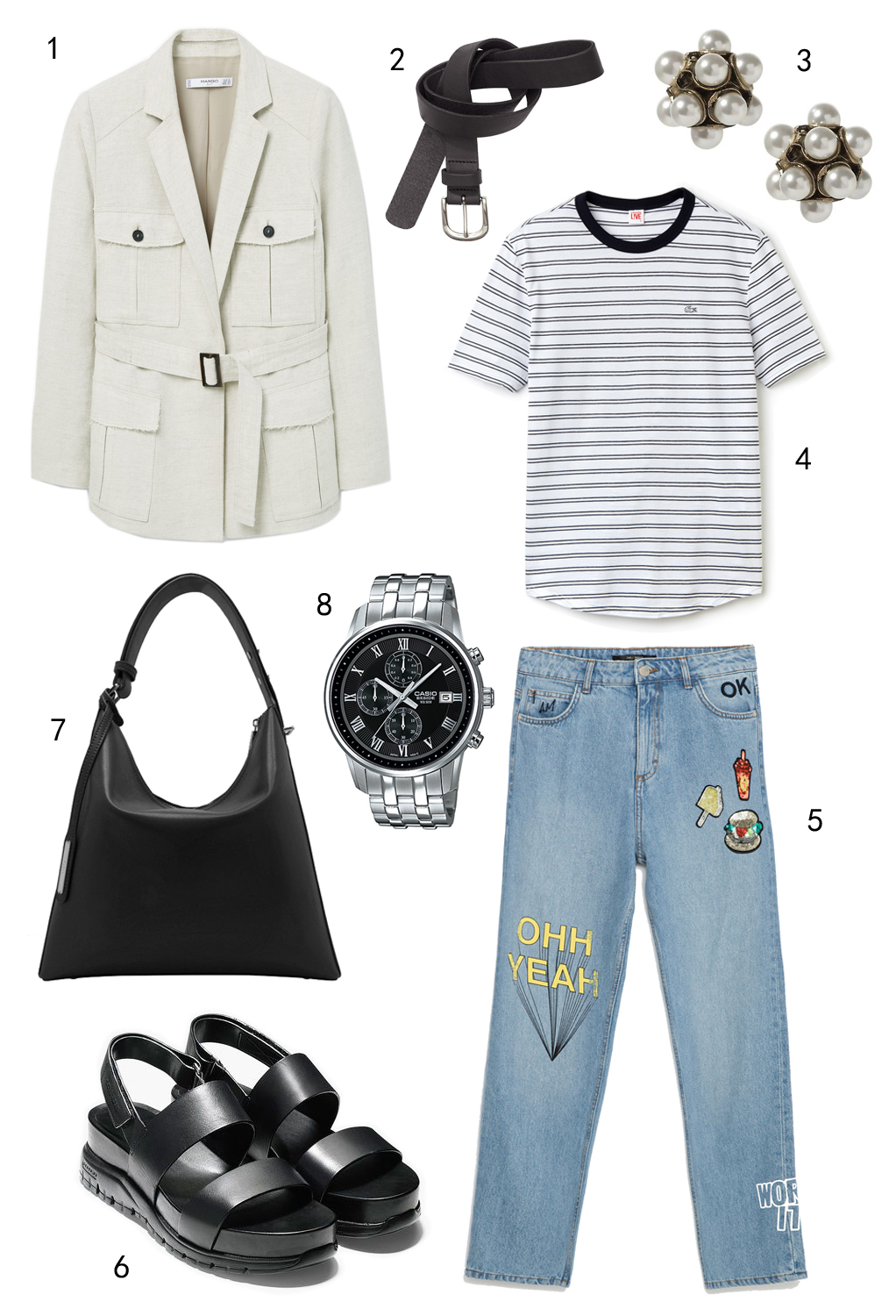 THỨ BẢY: 1 áo khoác Mango, 2 thắt lưng H&M, 3 hoa tai Banana Republic, 4 áo thun Lacoste, 5 quần jeans Zara, 6 sandals Cole Haan, 7 túi Pedro, 8 đồng hồ Casio.