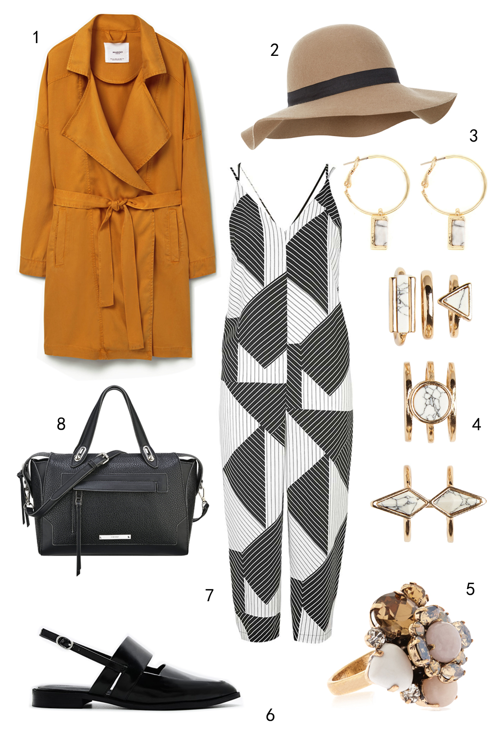 THỨ HAI: 1 áo khoác Mango, 2 nón Accessorize, 3 hoa tai Warehouse, 4 set nhẫn Aldo, 5 nhẫn Accessorize, 6 giày Pedro, 7 jumpsuit Topshop, 8 túi Nine West