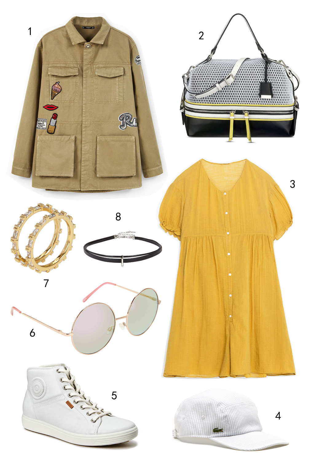 THỨ SÁU: 1 áo khoác Mango, 2 túi Nine West, 3 jumpsuit Zara, 4 nón Lacoste, 5 giày Ecco, 6 mắt kính Aldo, 7 set nhẫn Aldo, 8 vòng cổ choker Aldo