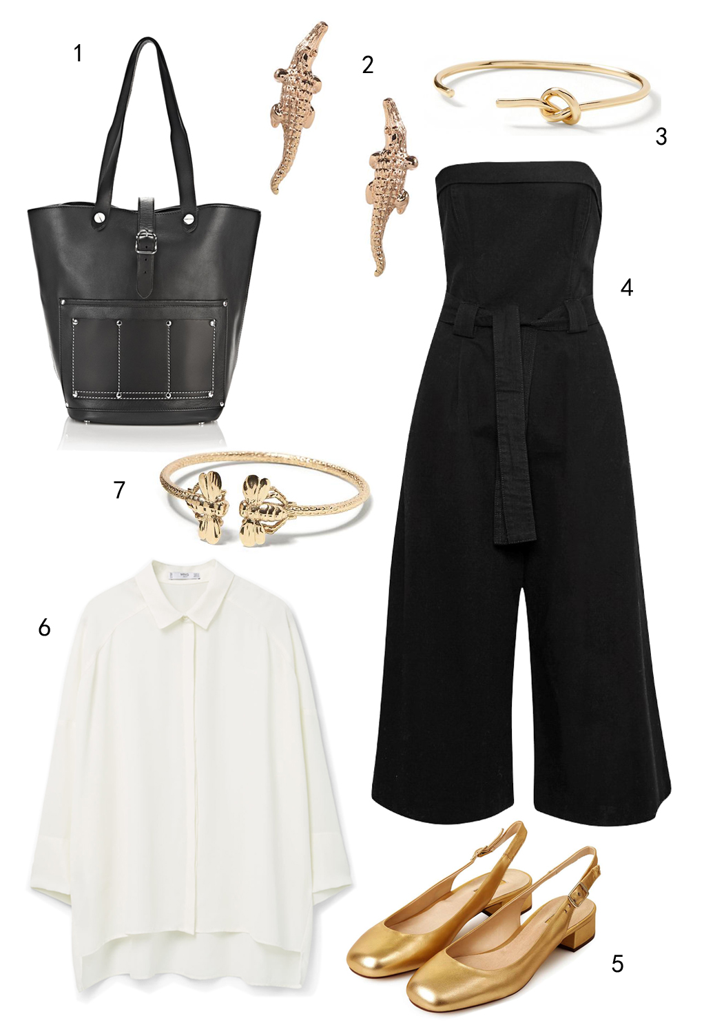 THỨ BẢY: 1 túi Alexander Wang, 2 hoa tai Banana Republic, 3 vòng tay Banana Republic, 4 jumpsuit FCUK, 5 giày Topshop, 6 áo sơ mi Mango, 7 vòng tay Banana Republic