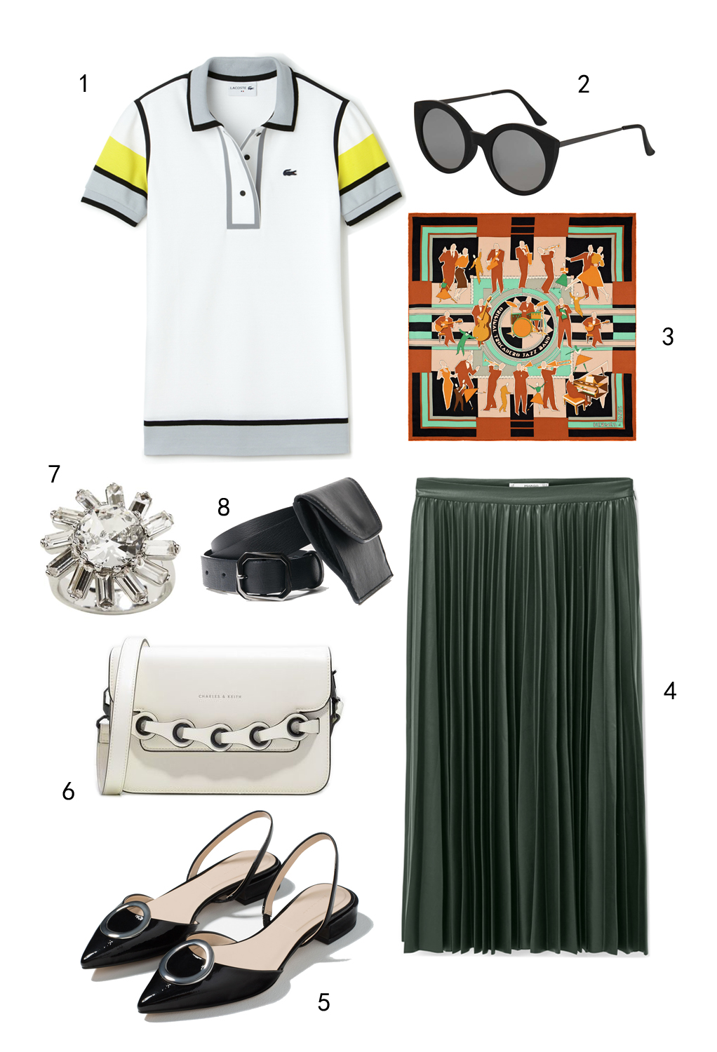THỨ HAI: 1 áo Lacoste, 2 mắt kính Topshop, 3 khăn lụa Hermès, 4 váy Mango, 5 giày Zara, 6 túi Charles & Keith, 7 nhẫn Banana Republic, 8 thắt lưng MAX & Co