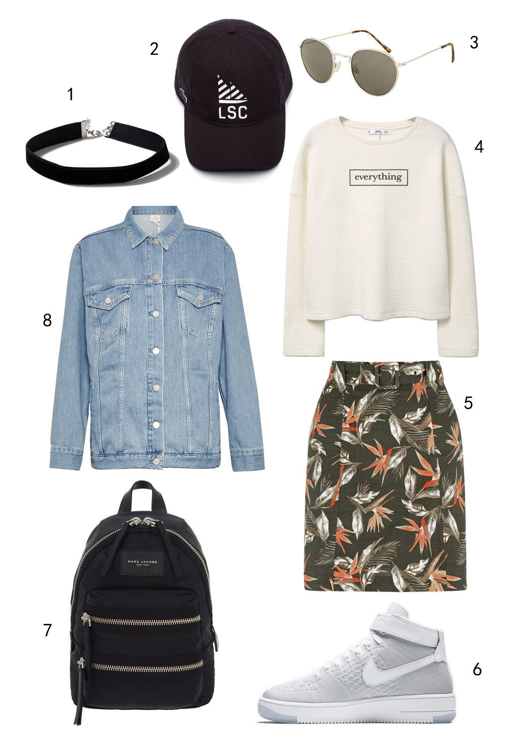 THỨ BA: 1 vòng cổ choker Topshop, 2 nón Lacoste, 3 mắt kính Topshop, 4 sweatshirt Mango, 5 váy Oasis, 6 giày Nike, 7 ba lô Marc Jacobs, áo khoác denim FCUK