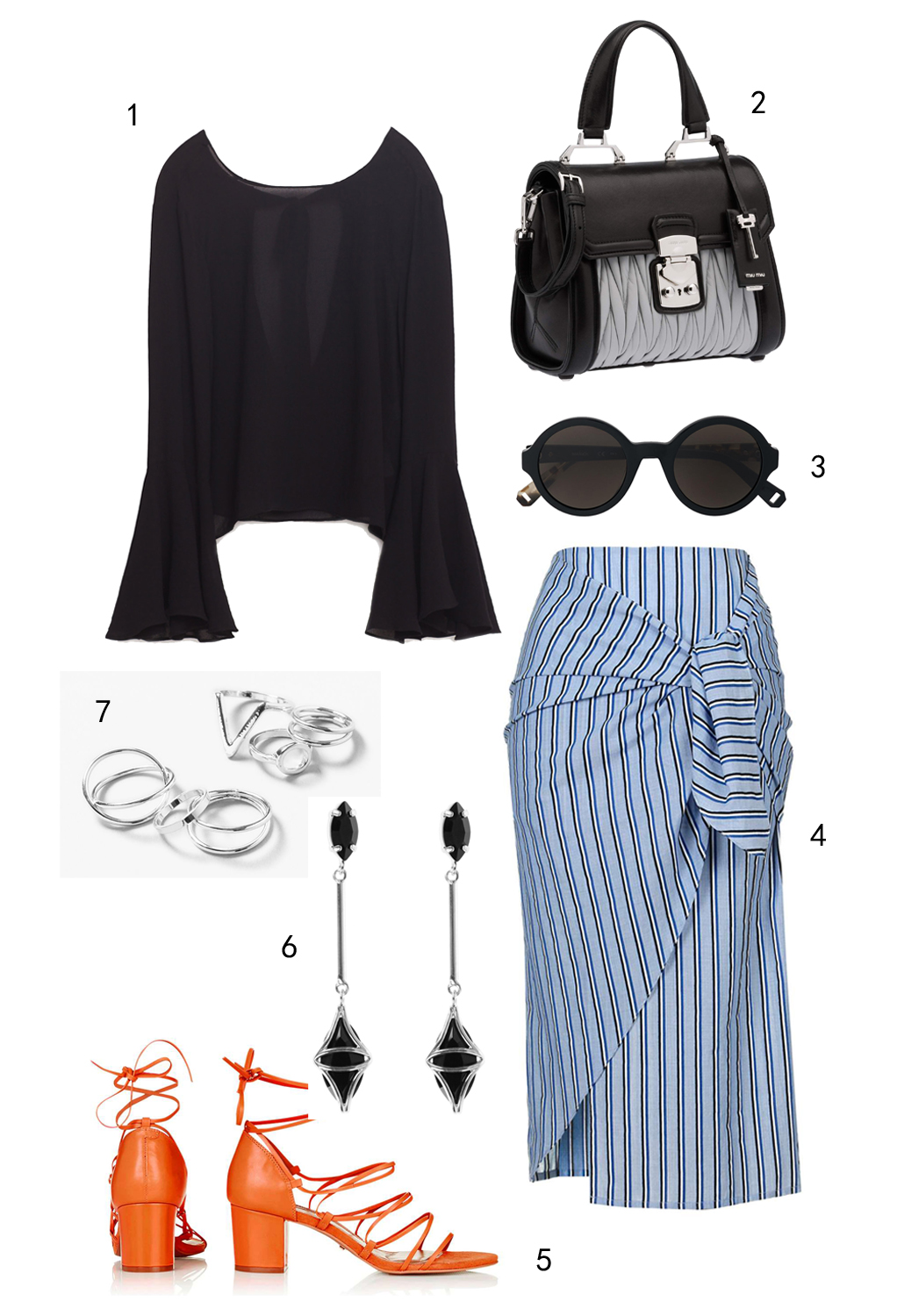 THỨ TƯ: 1 áo Zara, 2 túi Miu Miu, 3 mắt kính MAX & Co, 4 váy Topshop, 5 giày Topshop, 6 hoa tai Coast, 7 set nhẫn Topshop