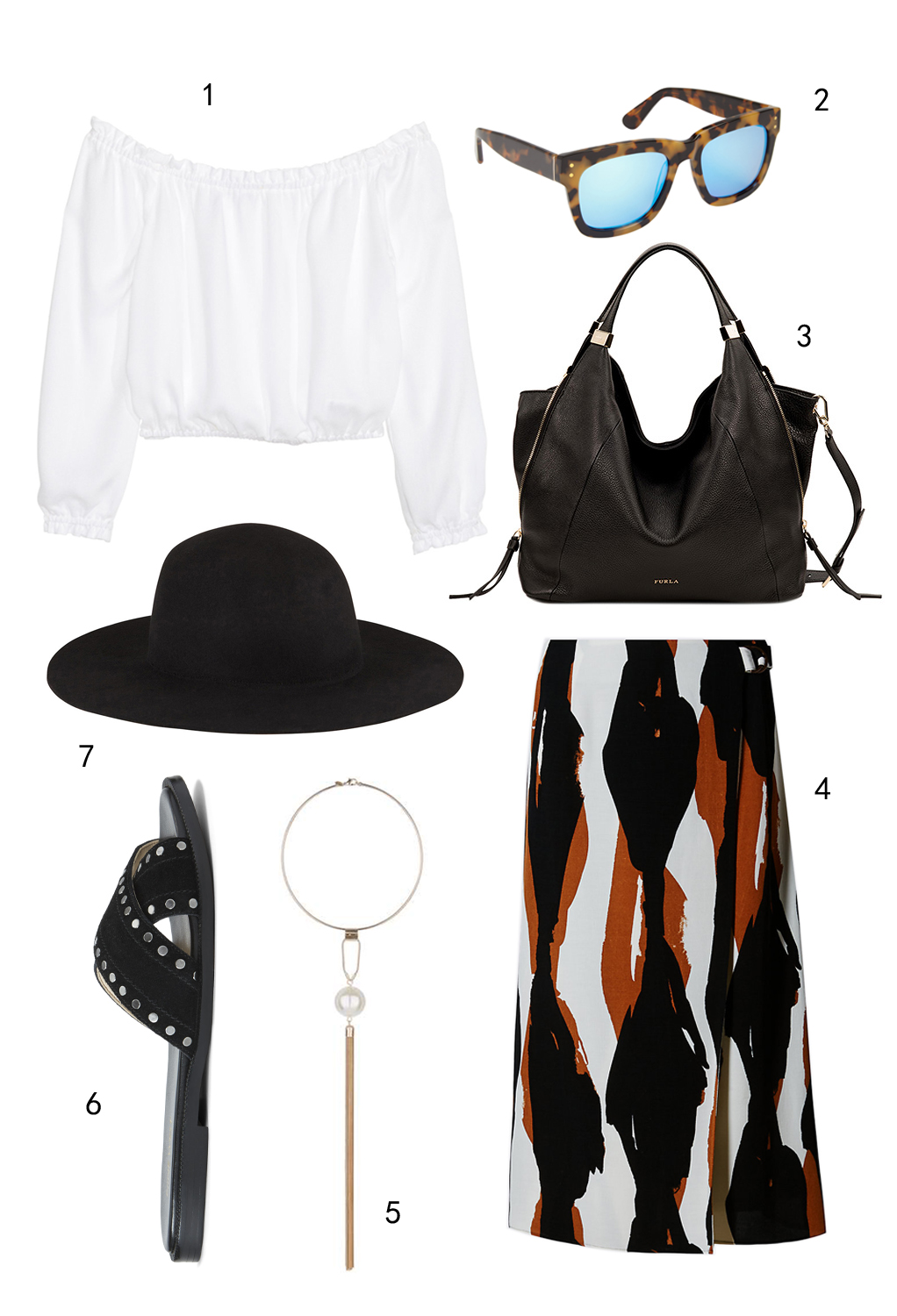 THỨ NĂM: 1 áo H&M, 2 mắt kính Aldo, 3 túi Furla, 4 váy Marks & Spencer. 5 vòng cổ Miss Selfridge, 6 dép Nine West, 7 nón Aldo