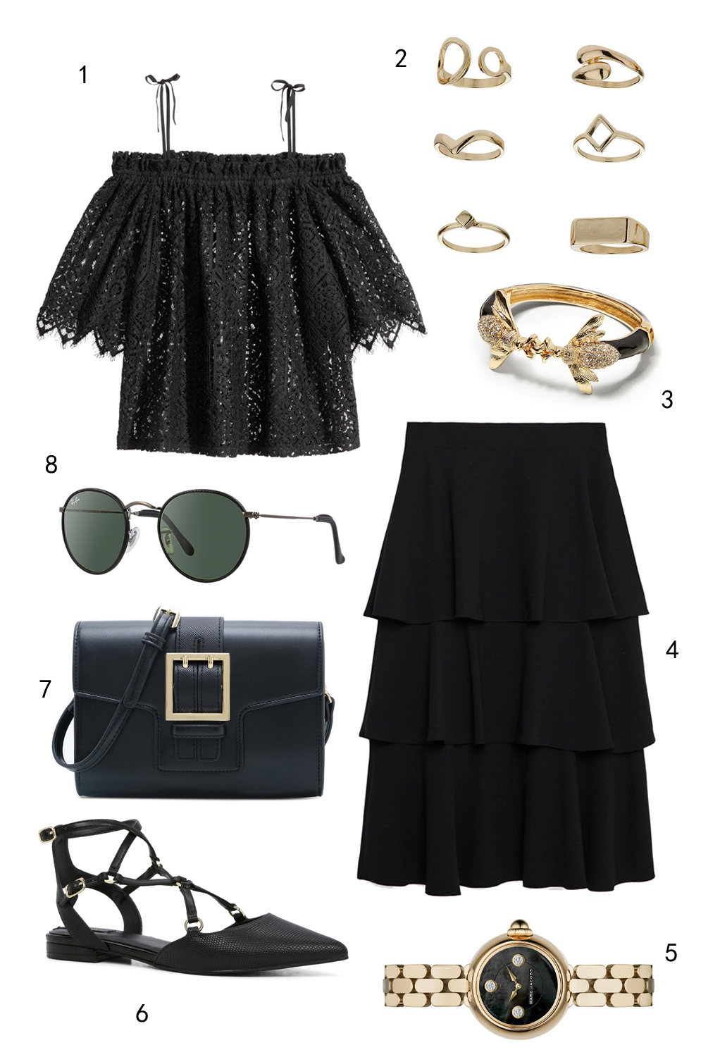 THỨ BẢY: 1 áo H&M, 2 set nhẫn Topshop, 3 vòng tay Banana Republic, 4 váy Zara, 5 đồng hồ Marc Jacobs, 6 giày Aldo, 7 túi Pedro, 8 mắt kính Ray-ban