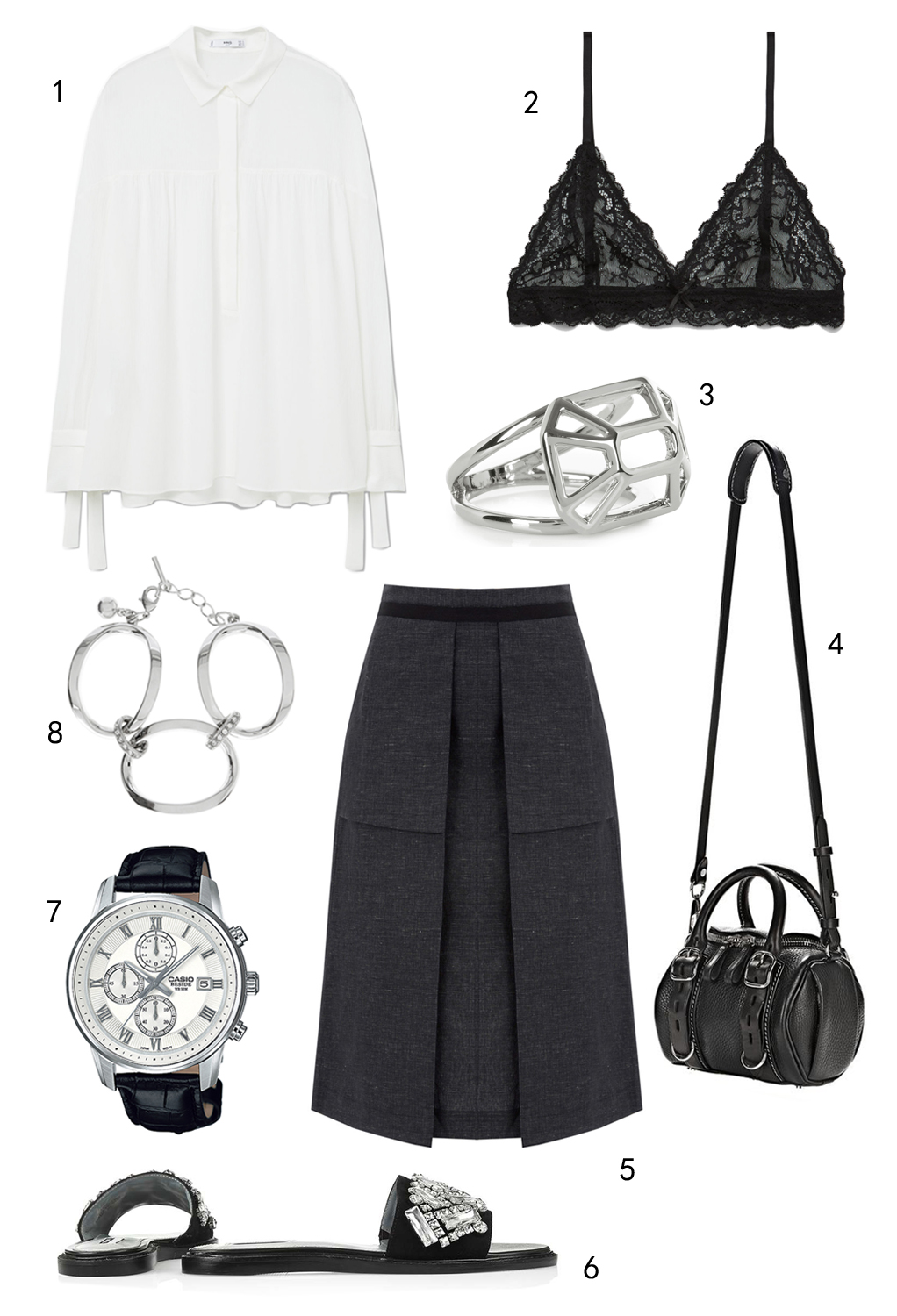 CHỦ NHẬT: 1 áo Mango, 2 lace bra Mango, 3 nhẫn Karen Millen, 4 túi Alexander Wang, 5 váy Warehouse, 6 dép Topshop, 7 đồng hồ Casio, 8 lắc tay Karen Millen