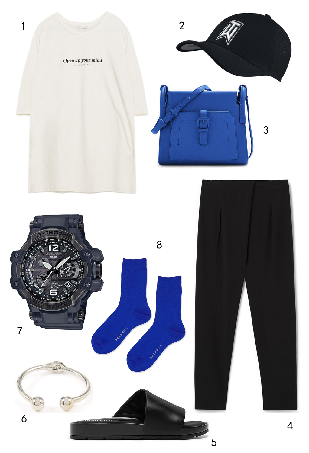 THỨ BA: 1 áo thun Zara, 2 nón Nike, 3 túi Pedro, 4 quần Mango, 5 dép Charles & Keith, 6 vòng tay Warehouse, 7 đồng hồ Casio, 8 vớ Topshop