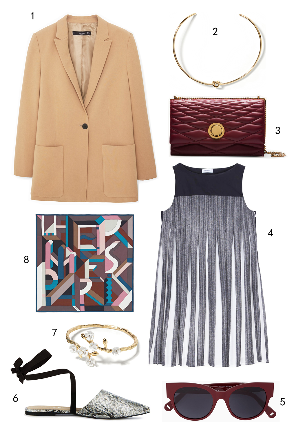 THỨ TƯ: 1 áo khoác Mango, 2 vòng cổ Banana Republic, 3 túi xách Bally, 4 đầm MAX & Co, 5 mắt kính MAX & Co, 6 dép Warehouse, 7 vòng tay Banana Republic, 8 khăn lụa Hermès