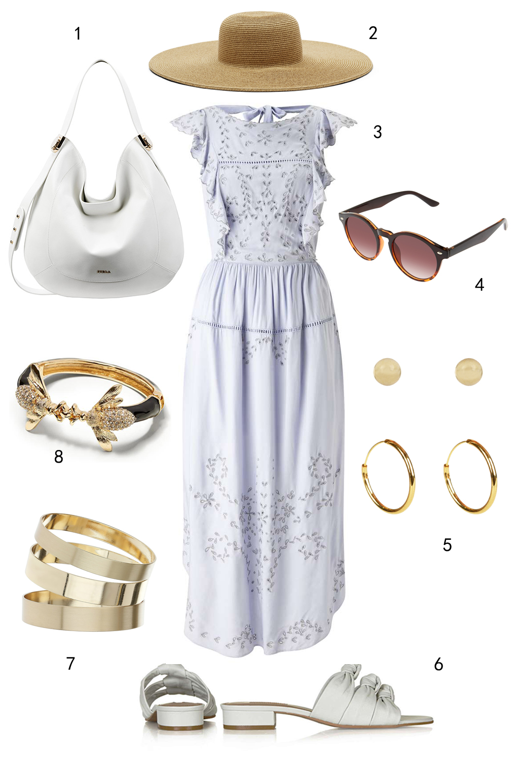THỨ NĂM: 1 túi Furla, 2 nón Nine West, 3 đầm Miss Selfridge, 4 mắt kính Accessorize, 5 set hoa tai Accessorize, 6 dép Topshop, 7 vòng tay Miss Selfridge, 8 vòng tay Banana Republic