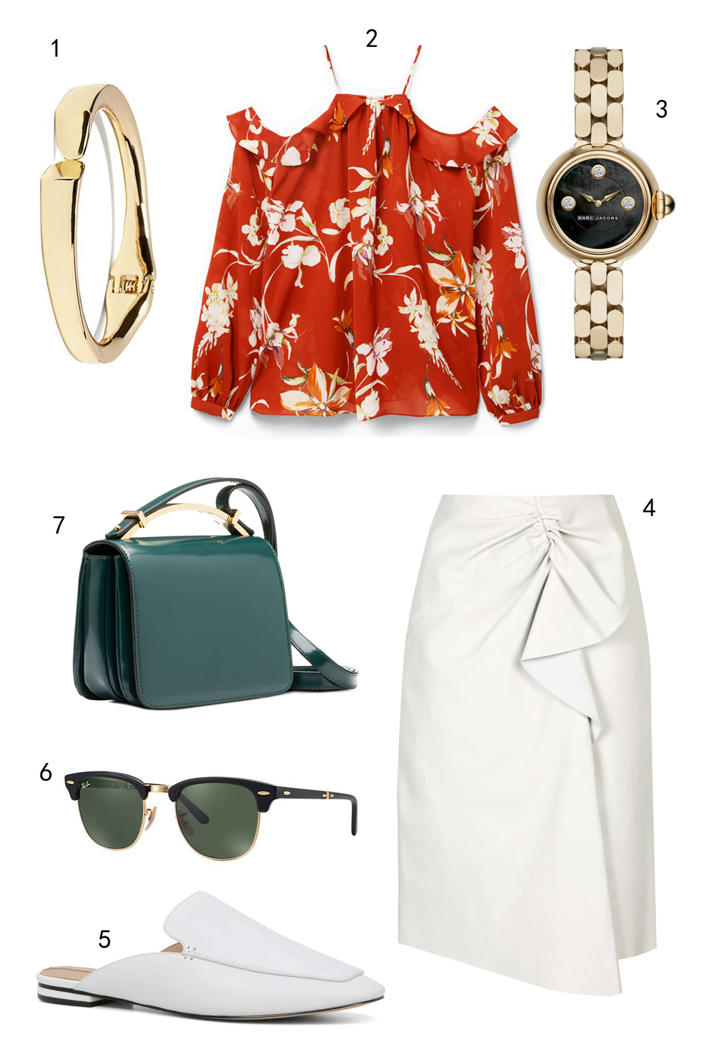 THỨ SÁU: 1 vòng tay Banana Republic, 2 áo Mango, 3 đồng hồ Marc Jacobs, 4 váy Topshop, 5 dép Aldo, 6 mắt kính Ray-ban, 7 túi Marni