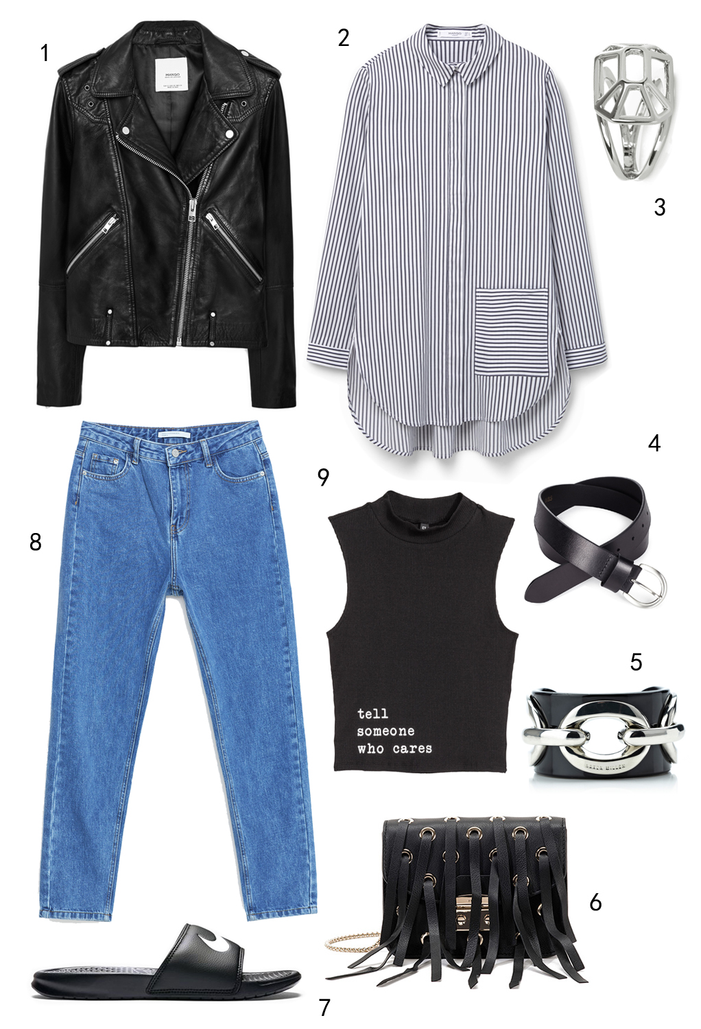 THỨ BẢY: 1 áo khoác Mango, 2 áo sơ mi Mango, 3 nhẫn Karen Millen, 4 thắt lưng Marks & Spencer, 5 vòng tay Karen Millen, 6 túi Furla, 7 dép Nike, 8 quần jeans Zara, 9 áo H&M