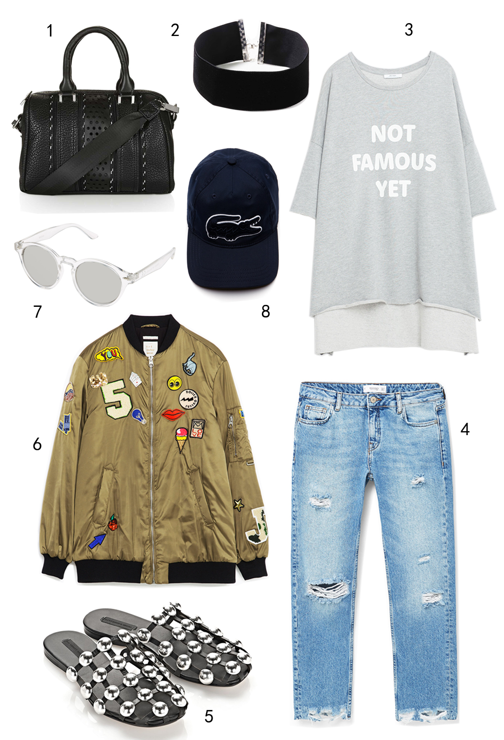 CHỦ NHẬT: 1 túi Topshop, 2 vòng cổ choker Topshop, 3 áo sweatshirt Zara, 4 quần jeans Mango, 5 dép Alexander Wang, 6 áo khoác Zara, 7 mắt kính Accessorize, 8 nón Lacoste