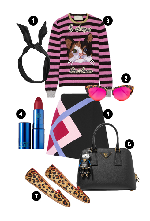 THỨ 7: 1. Băng đô Yunotme, 2. Kính mắt Krewe, 3. Áo Gucci, 4. Son Lipstick Queen, 5. Váy MSGM, 6. Túi Prada, 7. Giày Charlotte Olympia