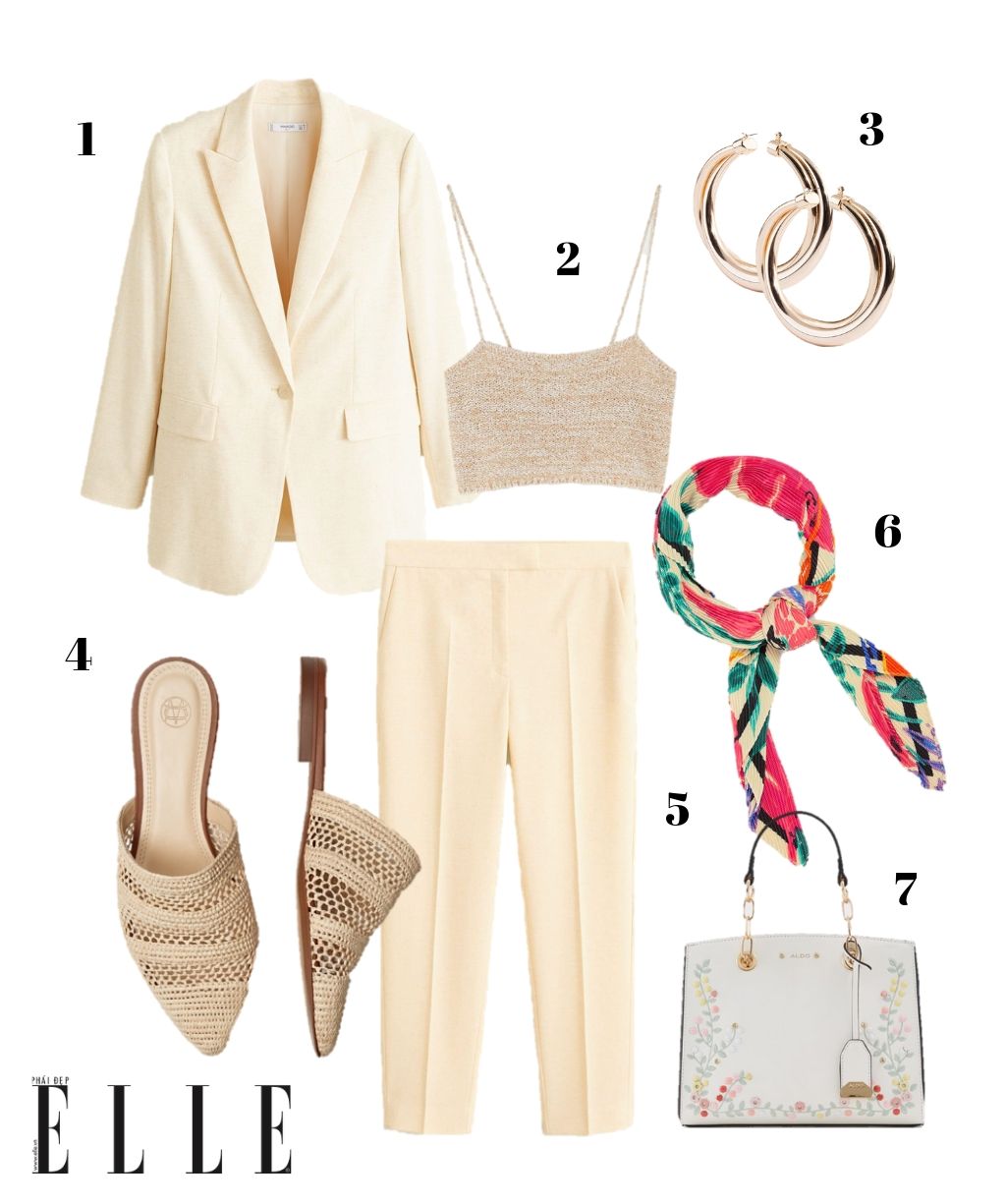 ELLE Style Calendar tháng 6 blazer quần khăn quàng cổ họa tiết nhiệt đới túi xách