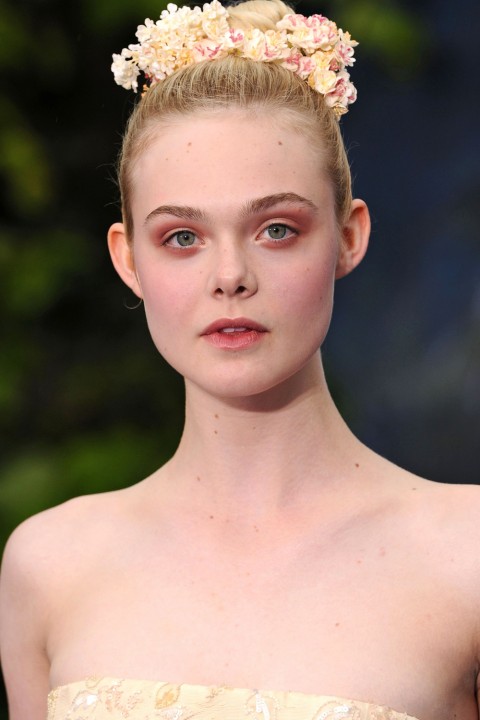 Elle Fanning<br/></noscript>Nếu thích diện phụ kiện tóc, bạn có thể chọn kiểu tóc updo như Elle Fanning và dùng chiếc kẹp tóc đính hoa ở phần trước búi tóc. Chúng trông rất duyên dáng và điểm xuyết cho những chiếc váy đầm cúp ngực bằng ren hoặc có họa tiết hoa.