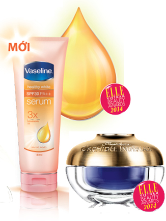HẠNG MỤC: DƯỠNG THỂ<br><br>
Sản phẩm Ngôi sao của năm<br><br>
GUERLAIN ORCHIDEE IMPERIALE BODY CREAM<br>
Kem dưỡng da toàn thân chống lão hóa cung cấp độ ẩm cần thiết cho da, cùng với các tinh chất hoa lan Hoàng Đế giúp da căng mịn và xóa mờ những nếp nhăn trên bề mặt da. Kem dưỡng còn có chứa thành phần bột không thấm nước giúp tạo nên một lớp màng mờ bao phủ khắp bề mặt da, giúp da luôn giữ được vẻ căng mịn và tươi sáng sau nhiều giờ sử dụng<br><br>
Sản phẩm Bạn đọc bình chọn<br><br>
VASELINE HEALTHY WHITE SPF 30++<br>
Serum giúp dưỡng trắng và chống nắng chứa: SPF 30 bảo vệ da khỏi tác hại của tia UVB 96% (tác nhân làm da bị cháy nắng), PA++ tăng cường bảo vệ da khỏi tác hại của tia UVA (tác nhân làm da sạm đen, không đều màu và thâm nám) và vitamin B3 giúp dưỡng trắng da.