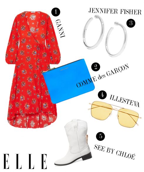 1. Đầm Ganni, 2. Ví cầm tay Comme des Garçons, 3. Hoa tai Jennifer Fisher, 4. Kính mát Illesteva, 5. Boots See by Chloé.