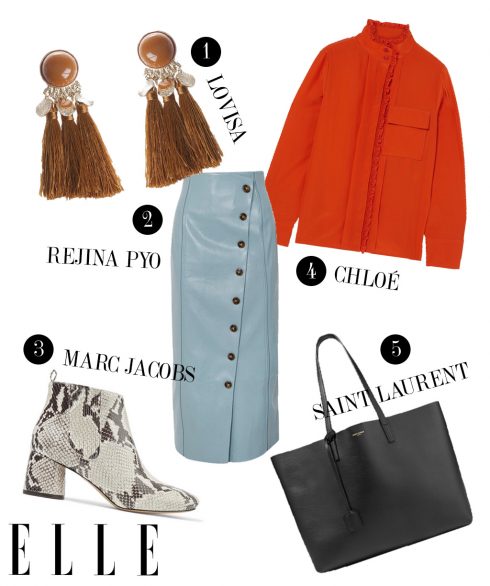 1. Hoa tai Lovisa, 2. Chân váy Rejina Pyo, 3. Boots Marc Jacobs, 4. Áo Chloé, 5. Túi xách Saint Laurent.
