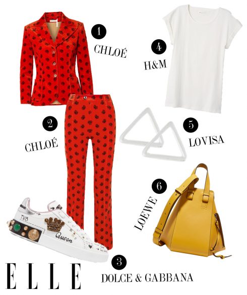 1. Áo blazer Chloé, 2. Quần Chloé, 3. Giày sneakers Dolce & Gabbana, 4. Áo thun H&M, 5. Hoa tai Lovisa, 6. Túi xách Loewe.