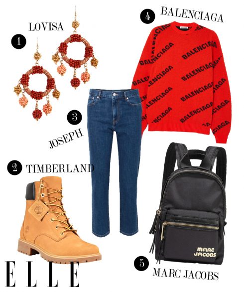 1. Hoa tai Lovisa, 2. Boots Timberland, 3. Quần jeans Joseph, 4. Áo Balenciaga, 5. Balo Marc Jacobs.
