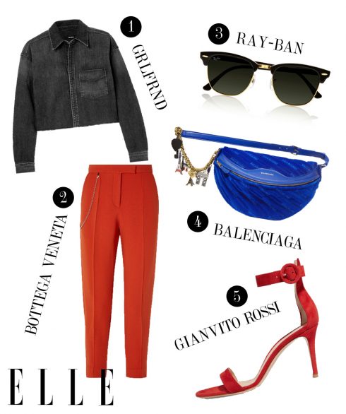 1. Áo sơmi denim GRLFRND, 2. Quần Bottega Veneta, 3. Kính mát Ray-ban, 4. Túi đeo hông Balenciaga, 5. Giày cao gót Gianvito Rossi.