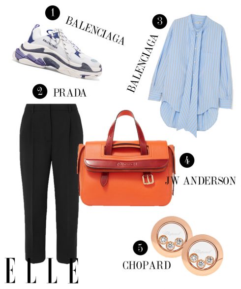 1. Giày sneakers Balenciaga, 2. Quần Prada, 3. Áo sơmi Balenciaga, 4. Túi xách JW Anderson, 5. Hoa tai Chopard.