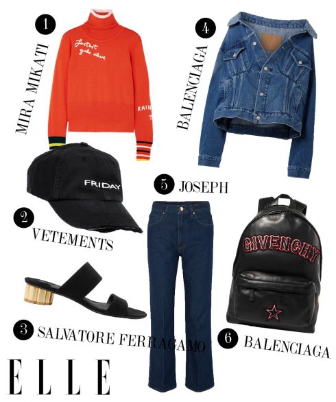 1. Áo Mira Mikati, 2. Mũ lưỡi trai Vetements, 3. Giày gót thấp Salvatore Ferragamo, 4. Áo khoác jeans Balenciaga, 5. Quần jeans Joseph, 6. Balo Balenciaga.