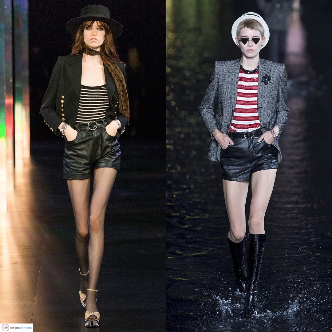 BST xuân - hè của saint laurent gồm áo blazer vai nhọn, áo sọc đỏ, quần shorts da, bốt cổ cao, kính mát và mũ