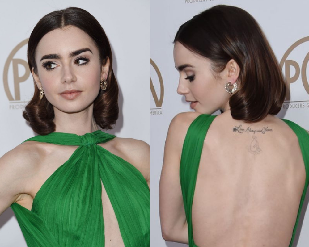 lily collins đầm cut out xanh