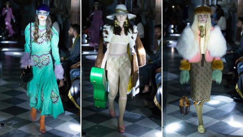 người mẫu nữ trang phục lông vũ Gucci Cruise 2020