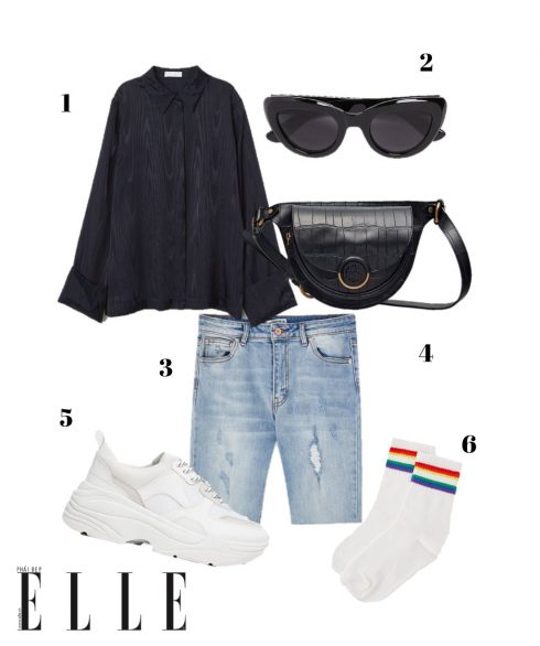 1. Áo sơmi lụa H&M, 2. Kính mát Zara, 3. Quần shorts đạp xe denim Pull&Bear, 4. Belt bag Massimo Dutti, 5. Giày sneakers Stradivarius, 6. Vớ cầu vồng Pull&Bear.