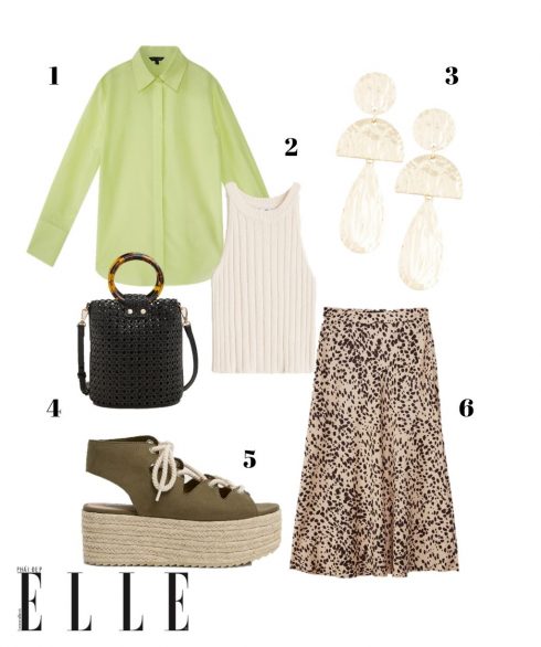 1. Áo sơmi lụa xanh Massimo Dutti, 2. Áo Mango, 3. Hoa tai Lovisa, 4. Túi xách Mango, 5. Giày platform Pull&Bear, 6. Chân váy Massimo Dutti. 