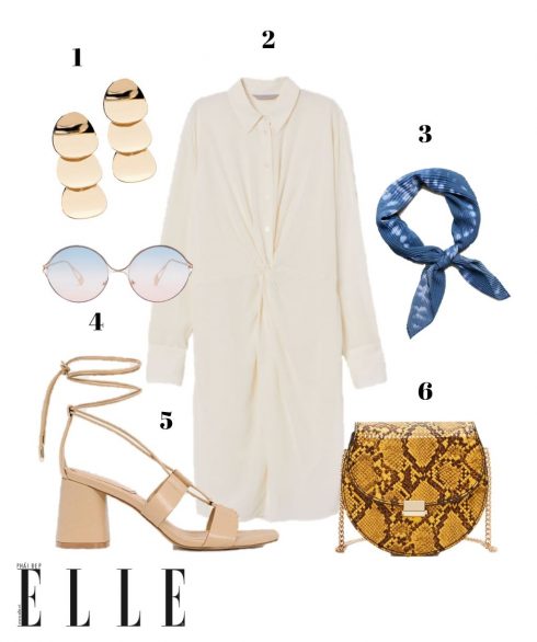1. Hoa tai Massimo Dutti, 2. Shirtdress lụa H&M, 3. Khăn choàng cổ Mango, 4. Kính mát Aldo, 5. Sandals Stradivarius, 6. Túi xách Mango.  