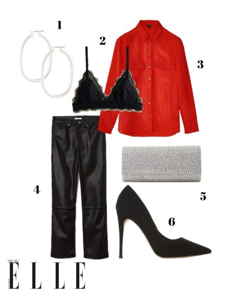 1. Hoa tai Lovisa, 2. Bralette Mango, 3. Áo sơmi lụa đỏ Massimo Dutti, 4. Quần H&M, 5. Clutch Aldo, 6. Giày cao gót Dune London. 