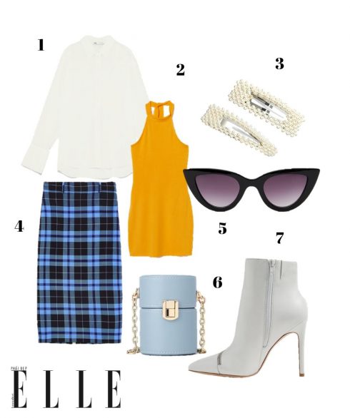 1. Áo sơmi lụa Zara, 2. Đầm cổ lọ vàng H&M, 3. Kẹp tóc ngọc trai Stradivarius, 4. Chân váy kẻ Zara, 5. Kính mát Pull&Bear, 6. Túi Zara, 7. Bốt Dune London. 
