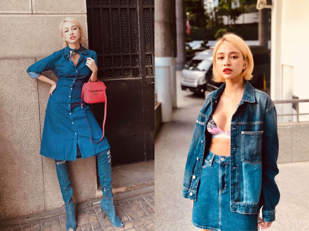 Yumi Thiên Nga diện áo khoác jeans kết hợp cùng bra trong BST Warhol