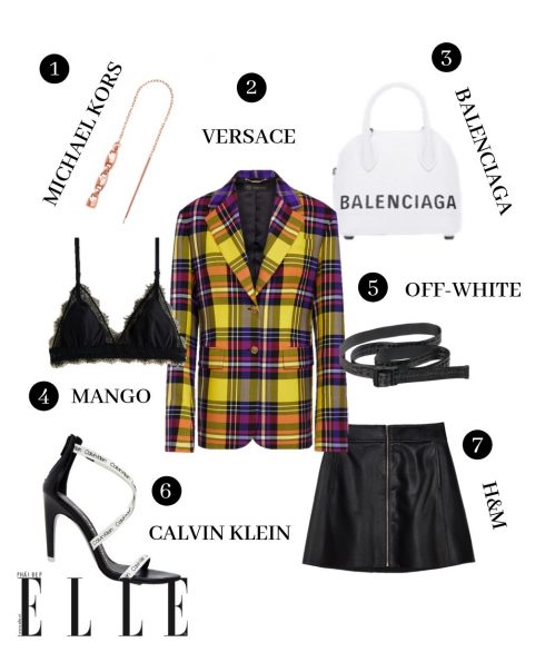1. Hoa tai Michael Kors, 2. Blazer Versace, 3. Túi Balenciaga, 4. Bralette Mango, 5. Thắt lưng Off-White, 6. Giày Calvin Klein, 7. Chân váy H&M. 