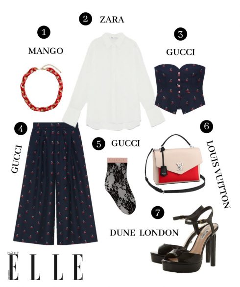 1. Vòng cổ Mango, 2. Áo sơmi Zara, 3. Corset Gucci, 4. Quần Gucci, 5. Vớ Gucci, 6. Túi Louis Vuitton, 7. Giày Dune London. 