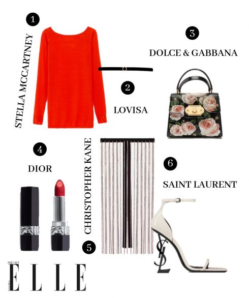 1. Đầm Stella McCartney, 2. Choker Lovisa, 3. Túi Dolce & Gabbana, 4. Son Dior, 5. Chân váy Christopher Kane, 6. Giày Saint Laurent. 