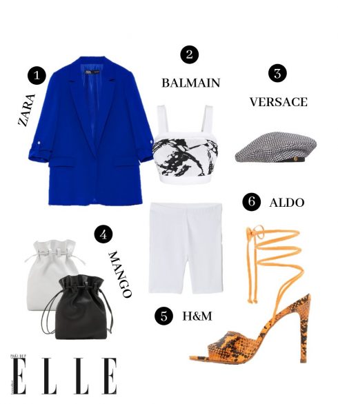 1. Blazer Zara, 2. Crop top Balmain, 3. Mũ beret Versace, 4. Belt bag Mango, 5. Quần cua-rơ H&M, 6. Giày Aldo.