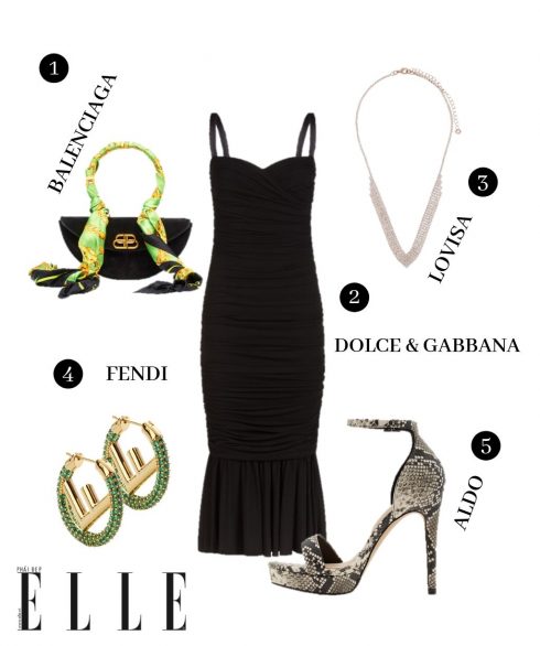 1. Túi Balenciaga, 2. Đầm Dolce & Gabbana, 3. Vòng cổ Lovisa, 4. Hoa tai Fendi, 5. Giày Aldo.