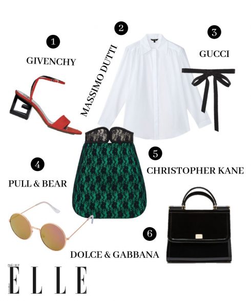 1. Giày Givenchy, 2. Áo sơmi Massimo Dutti, 3. Nơ Gucci, 4. Kính Pull & Bear, Chân váy Christopher Kane, Túi Dolce & Gabbana. 