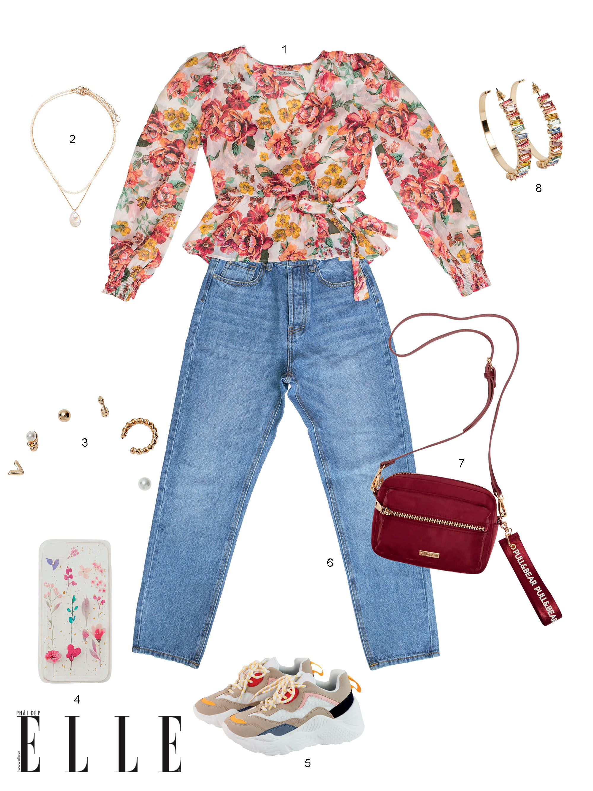 phối đồ với áo buộc eo họa tiết hoa và quần jeans