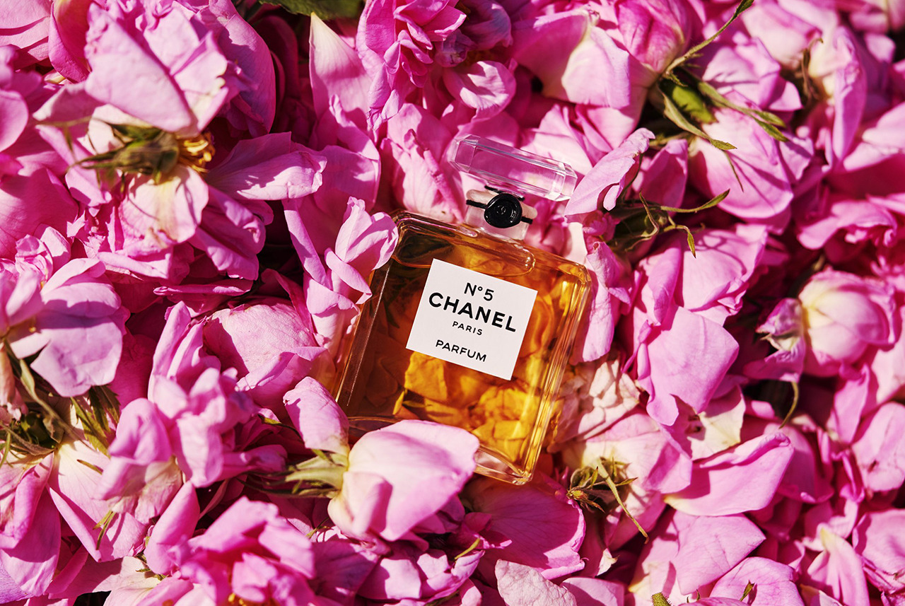 nước hoa Chanel No.5 và rổ hoa hồng